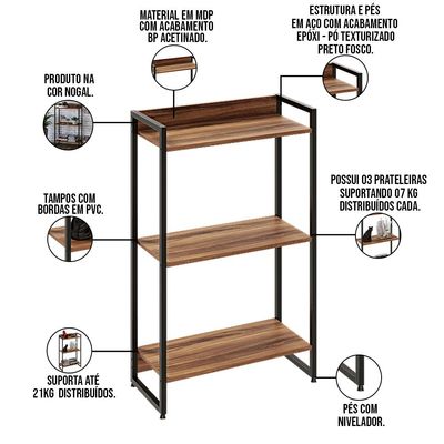 Kit Para Escritório Estante Areta 3 Prateleiras Mesa Industrial Aspen 90cm C01 Nogal - Lyam Decor