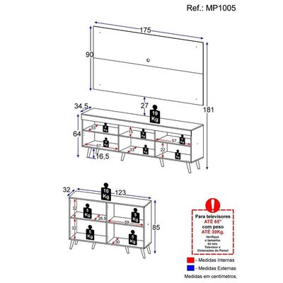 Conjunto Sala De Estar Rack + Painel Tv 65 e Aparador Retrô