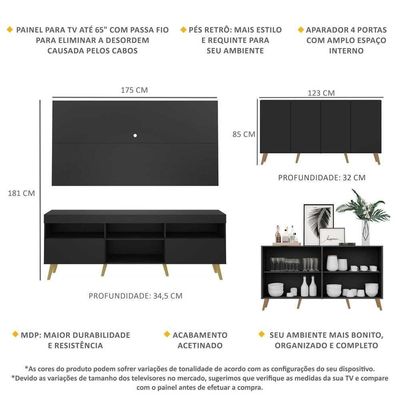 Conjunto Sala De Estar Rack + Painel Tv 65 e Aparador Retrô