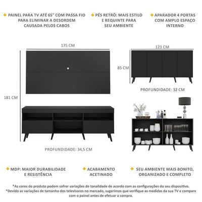 Conjunto Sala De Estar Rack + Painel Tv 65 e Aparador Retrô