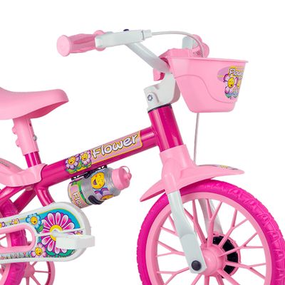 Bicicleta Infantil Aro 12 Com Rodinhas De Treinamento Nathor Bike Com Garrafinha Criança Menina Flower Rosa