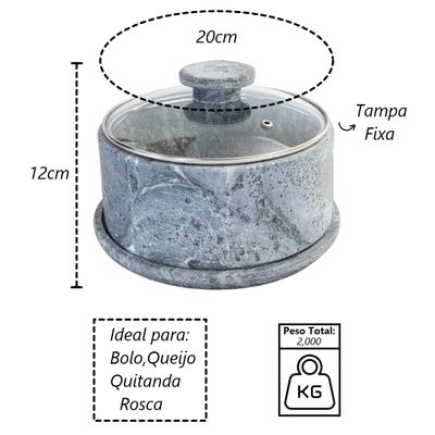 Boleira e Queijeira em Pedra Sabão Tampa de Vidro P 12x20cm