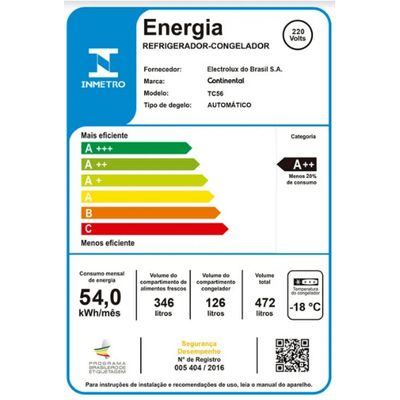 Geladeira/Refrigerador Continental Frost Free Duplex Branca 472 Litros (TC56) 220V