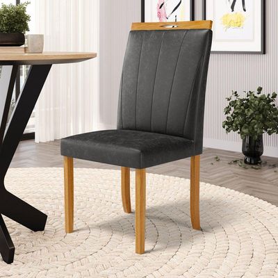 Cadeira Aurora Madeira Maciça Estofada Para Mesa De Jantar Courino Preto 503