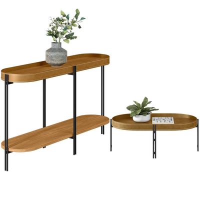 Kit Aparador Para Sala Estar Industrial com Mesa Centro Caramelo Nord L05 Nature Preto - Lyam Decor
