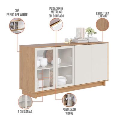 Kit Aparador Para Sala De Estar Áustria Com Mesa De Centro Delta C04 Freijó Off White - Lyam Decor
