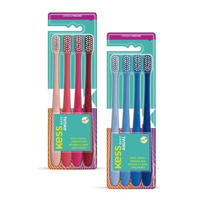 Kit Pack Anual C- 4 Escovas Dentais Basic Kess Cerdas Macias azul