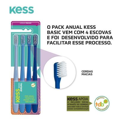 Kit Pack Anual C- 4 Escovas Dentais Basic Kess Cerdas Macias azul
