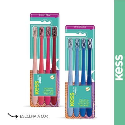Kit Pack Anual C- 4 Escovas Dentais Basic Kess Cerdas Macias azul