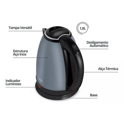 Chaleira Elétrica Inox Elgin Sem Fio 1,8 L Cinza Lunar 127v