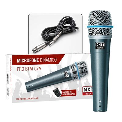 Microfone Dinamico PRO BTM-57A Metal - Profissional com Cabo 3 Metros O.D.5.0 MM