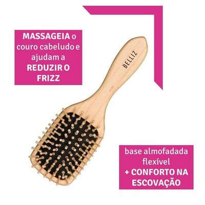 Kit C- 2 Escovas De Cabelo Belliz Almofadada Cerdas De Madeira Reduz Frizz