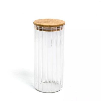 Pote 1100ml De Vidro Canelado Com Tampa De Bambu -oikos