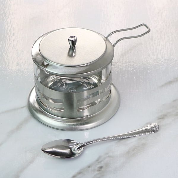 Açucareiro de vidro inox tampa colher cozinha gourmet café chá com tampa e colher