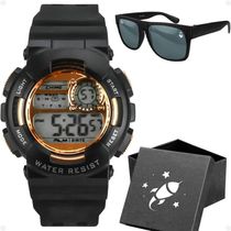 Relogio Infantil Digital Menino Preto + Caixa + Oculos Sol Presente Cronometro Esportivo Rose Alarme
