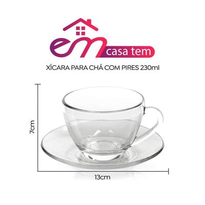 Kit 4 Xícaras De Chá Vidro Com Pires Em Casa Tem 230ml