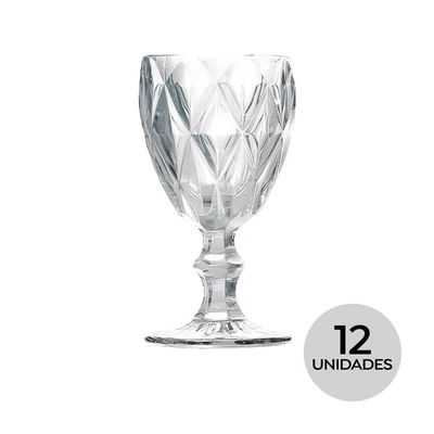 Kit 12 Taças De Vidro Para água Diamante Transparente Emcasatem 340ml