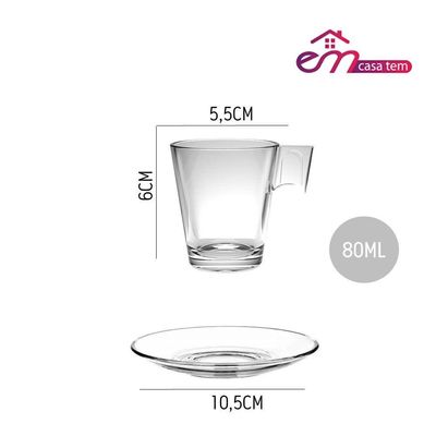 Jogo 4 Xícaras De Café De Vidro Com Pires Transparente Em Casa Tem 80ml