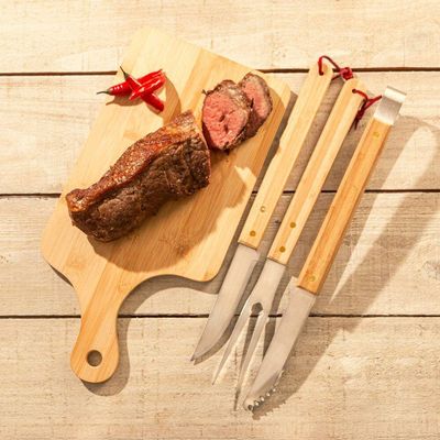 Faca Para Churrasco Aço Inox E Cabo Bambu 37 Cm Lyor