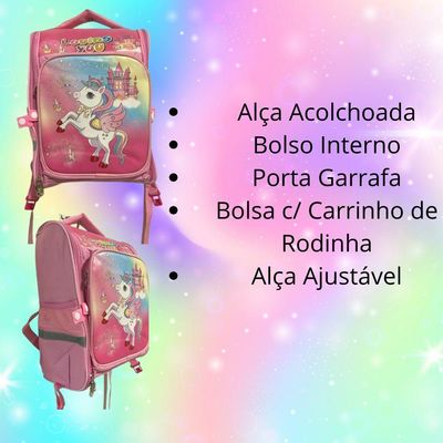 Kit Mochila Escolar Infantil Com Rodinhas Unicórnio Mais Lancheira E Estojo