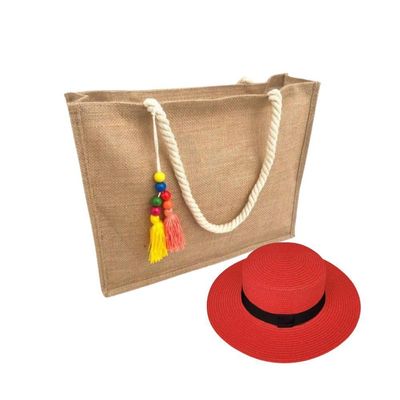 Kit Chapéu Paris E Bolsa Palha Juta Zíper Praia Verão Moda Piscina vermelho