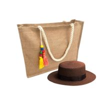 Kit Chapéu Paris E Bolsa Palha Juta Zíper Praia Verão Moda Piscina marrom