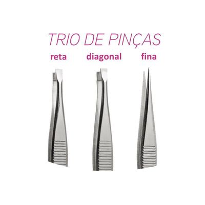 Kit 3 Pinças Para Sobrancelha Ponta Reta Diagonal E Fina Enox