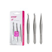 Kit 3 Pinças Para Sobrancelha Ponta Reta Diagonal E Fina Enox