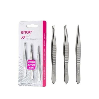 Kit 3 Pinças Para Sobrancelha Ponta Reta Diagonal E Fina Enox
