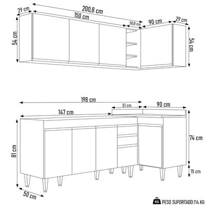 Armário De Cozinha Modulado De Canto Esquerdo 4 Peças Cp49 Balcão Sem Tampo Branco - Lumil