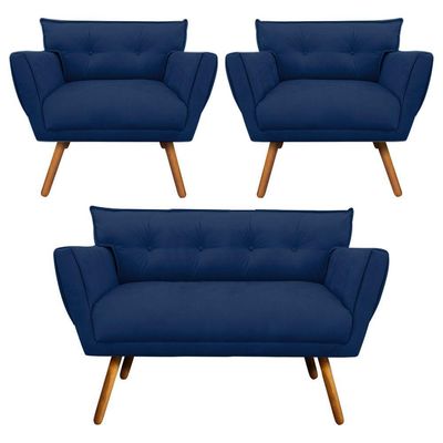 Kit 1 Namoradeira e 2 Poltronas Anitta Suede Azul Marinho