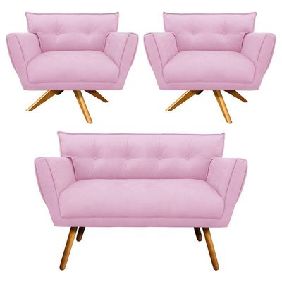 Kit 01 Namoradeira E 02 Poltronas Anitta Suede Rosa Bebê