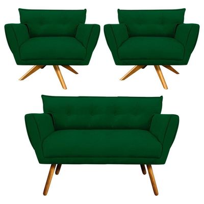Kit 01 Namoradeira E 02 Poltronas Anitta Suede Verde