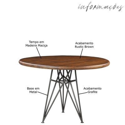 Mesa Sala de Jantar Cozinha Monary Redonda 110cm Grafite Madeira Maciça Rustic Brown - Gran Belo