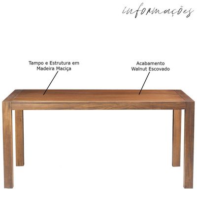 Mesa Sala de Jantar Cozinha Dumai 190cm Madeira Maciça Walnut Escovado - Gran Belo