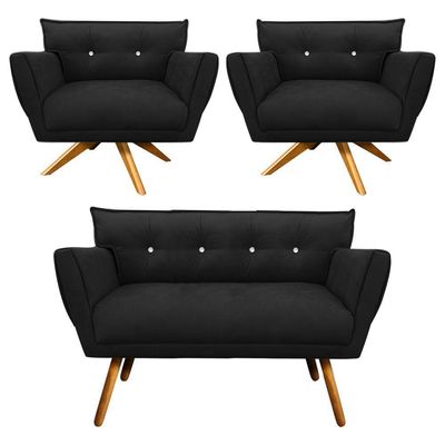 Kit 01 Namoradeira E 02 Poltronas Anitta Suede Preto