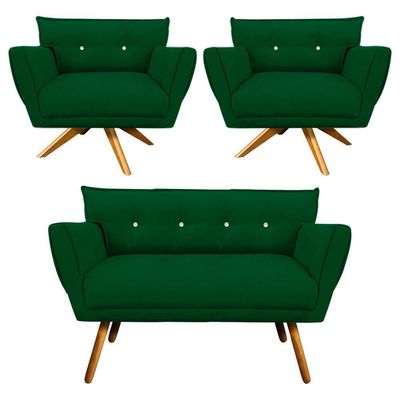 Kit 01 Namoradeira E 02 Poltronas Anitta Suede Verde