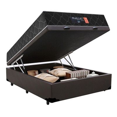 Cama Box Baú Casal + Colchão Semi Ortopédico Extra Firme Espuma D33 Prime Colchões 72x138x188 Marrom