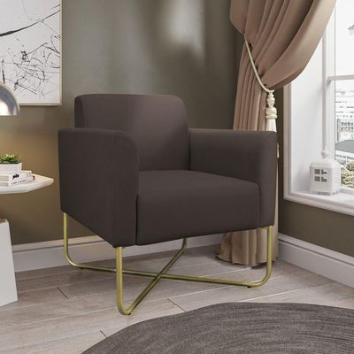 02 Poltronas Marisa Suede Marrom Base X Industrial Dourada