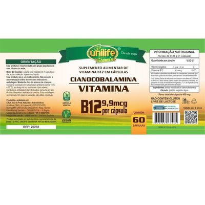 Vitamina B12 (cianocobalamina) 60 Cápsulas 450mg Unilife