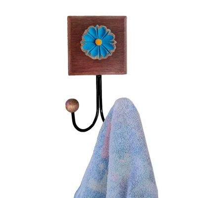 Toalheiro Cabideiro Duplo Flor 3d Rústico Artesanal Ferro Cor Azul