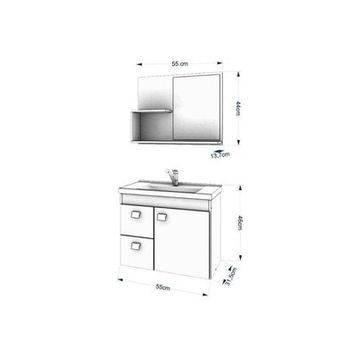 Gabinete de Banheiro Balcão Suspenso Isa c/ Cuba 55cm e Armário c/ Espelho Branco - MGM