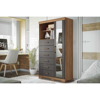 Cômoda de Quarto Marabá 1.6 c/ 1 Porta c/ Espelho 6 Gavetas e Pés Jatobá/Grafite - Santos Andirá