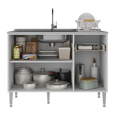 Balcão De Cozinha Gabinete Pia 105cm 3 Portas 1 Gaveta Xangai Multimóveis Mp2246 Branco/lacca Fumê