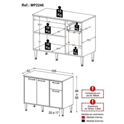 Balcão De Cozinha Gabinete Pia 105cm 3 Portas 1 Gaveta Xangai Multimóveis Mp2246 Branco/lacca Fumê