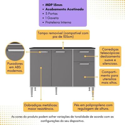 Balcão De Cozinha Gabinete Pia 105cm 3 Portas 1 Gaveta Xangai Multimóveis Mp2246 Branco/lacca Fumê