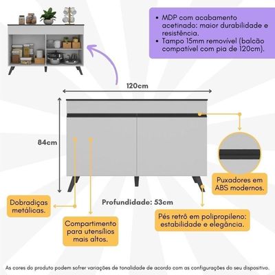 Balcão Cozinha Gabinete Pia 120 Cm 2 Portas Veneza Multimóveis Mp3738 Branco/preto