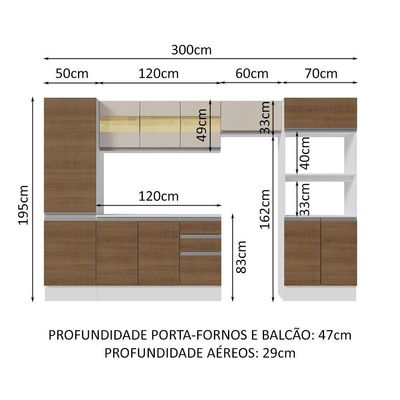 Armário de Cozinha Completo 100% MDF 300cm Branco/rustic