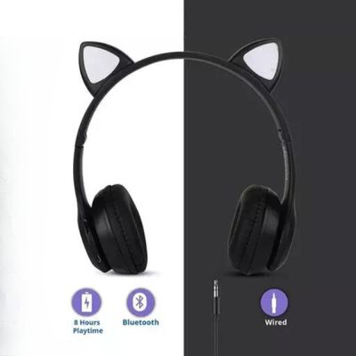 Fone Bluetooth Orelha De Gato Led Colorido PRETO