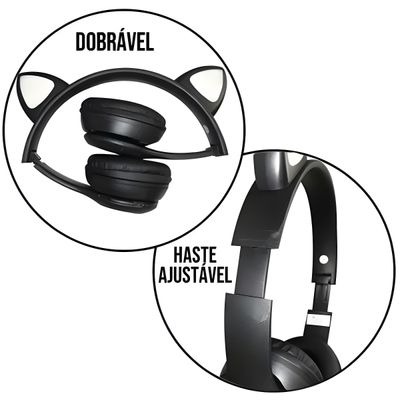 Fone Bluetooth Orelha De Gato Led Colorido PRETO